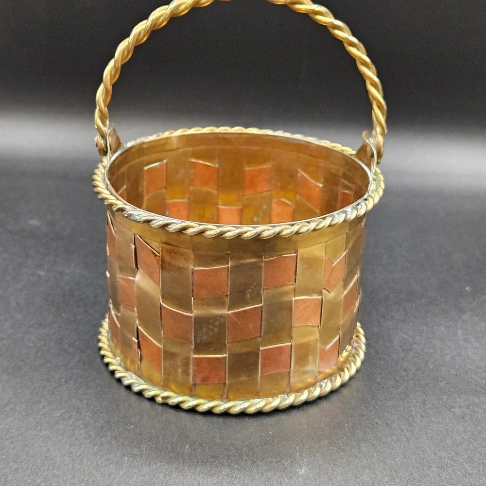 Vintage Penco Brass and Copper Woven Basket Twisted Handle Made in India 6in